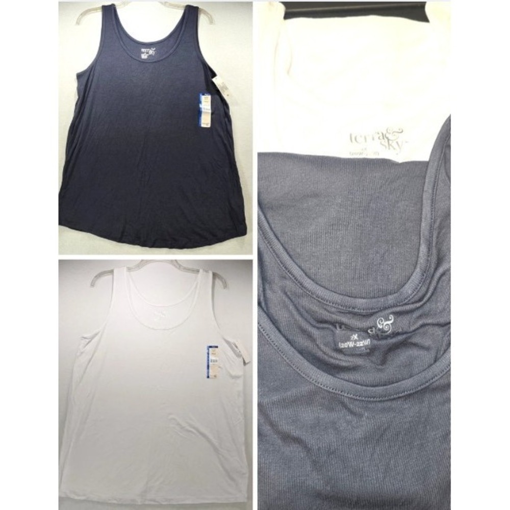 Terra & Sky Womens Plus 2X 20W-22W Ribbed Layering Tank Top 2 Pack Navy White